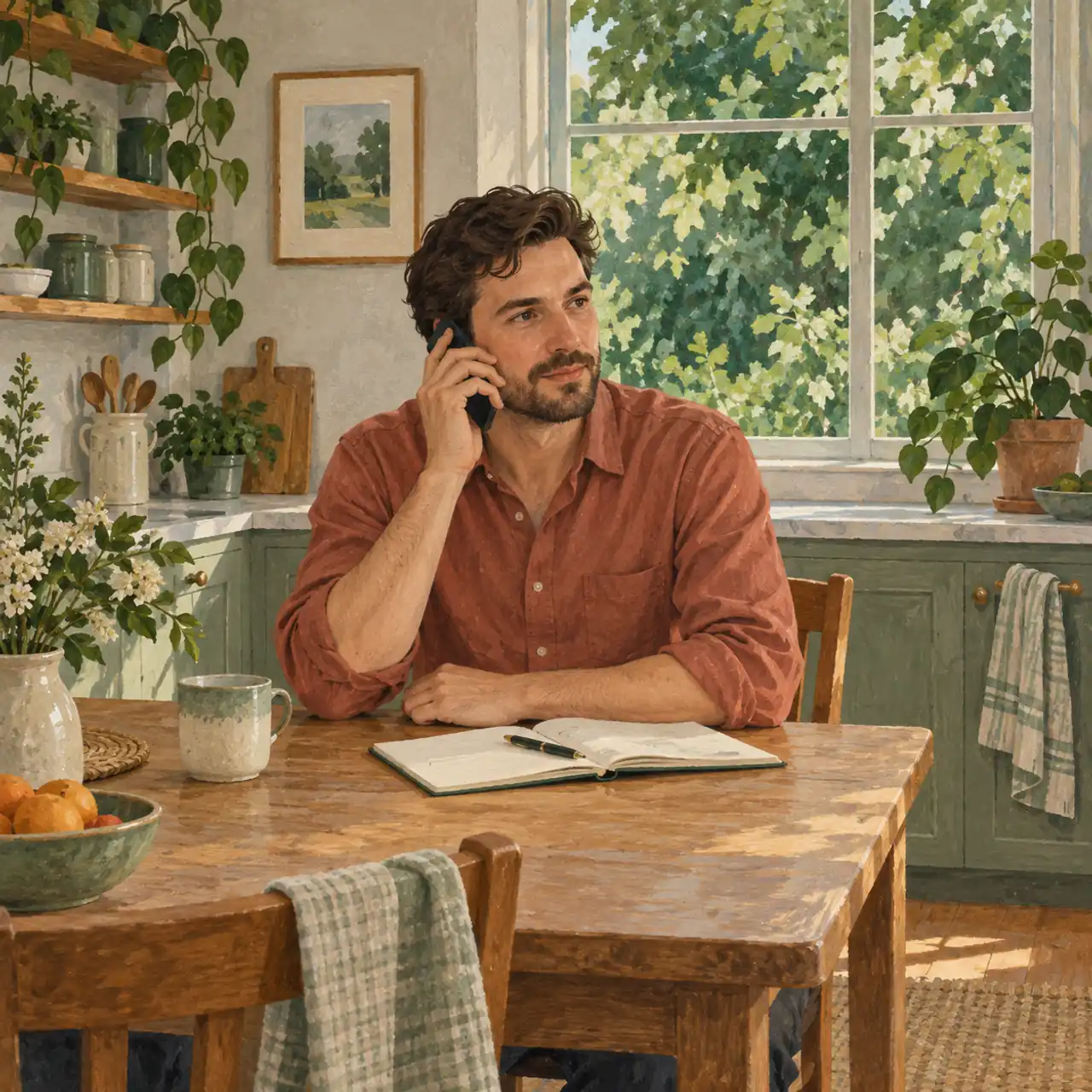 Illustration of a man taking a phone call with a notebook beside him.