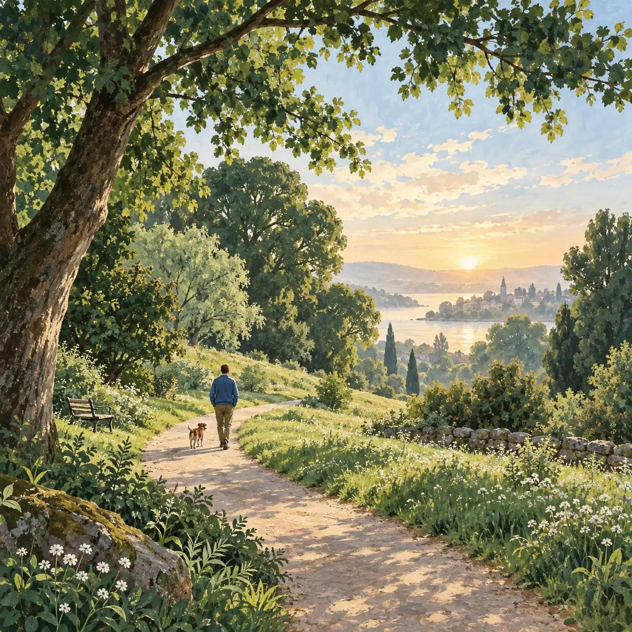 Illustration of a person and dog on a leafy path in morning light.