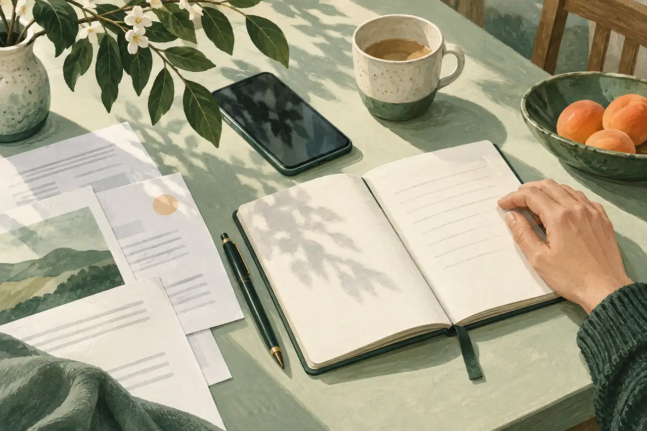 Illustration of a notebook, phone and paperwork in soft daylight.