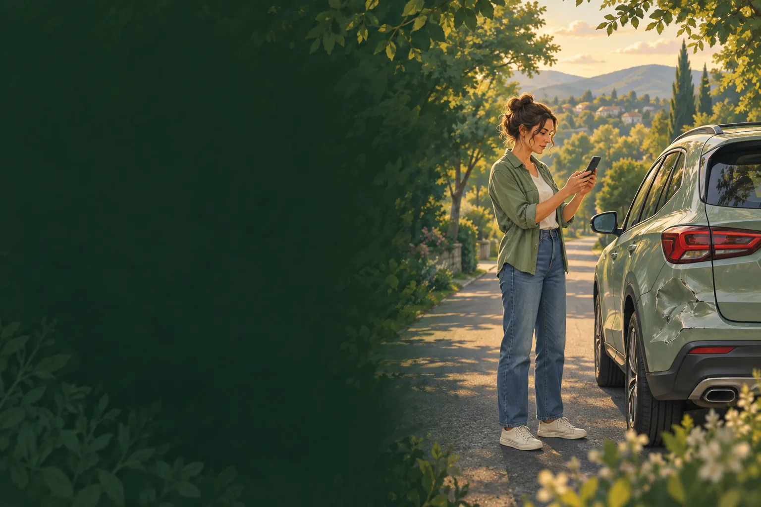A woman recording details beside a safely parked car on a quiet road.
