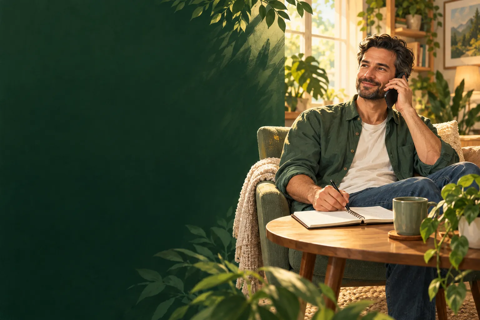 A man taking a phone call with a notebook beside him at home.