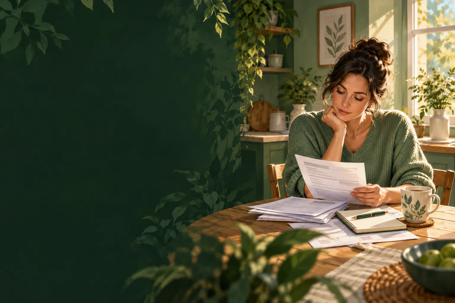A woman reviewing bills and notes at a sunlit kitchen table.