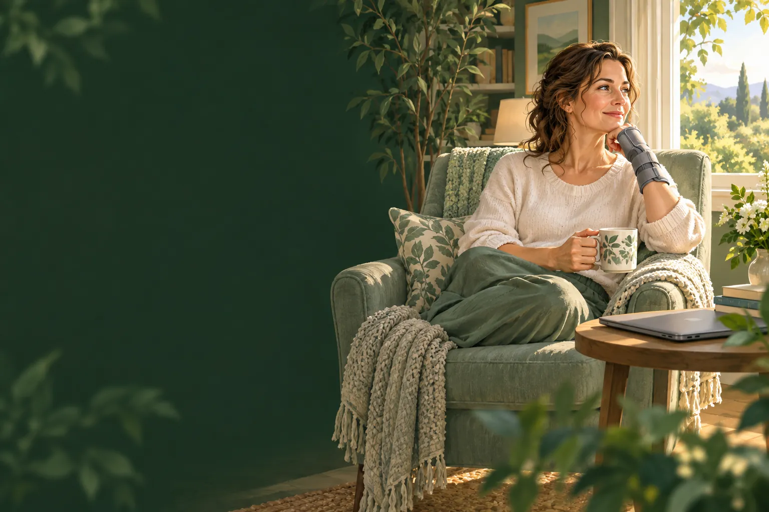 A woman resting by a window with a closed laptop and a cup nearby.