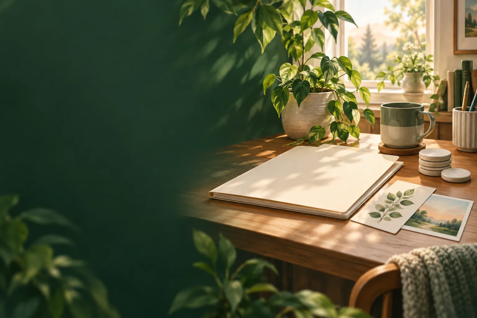Illustration of a folder, paper cards and simple coin shapes in a sunlit workspace.