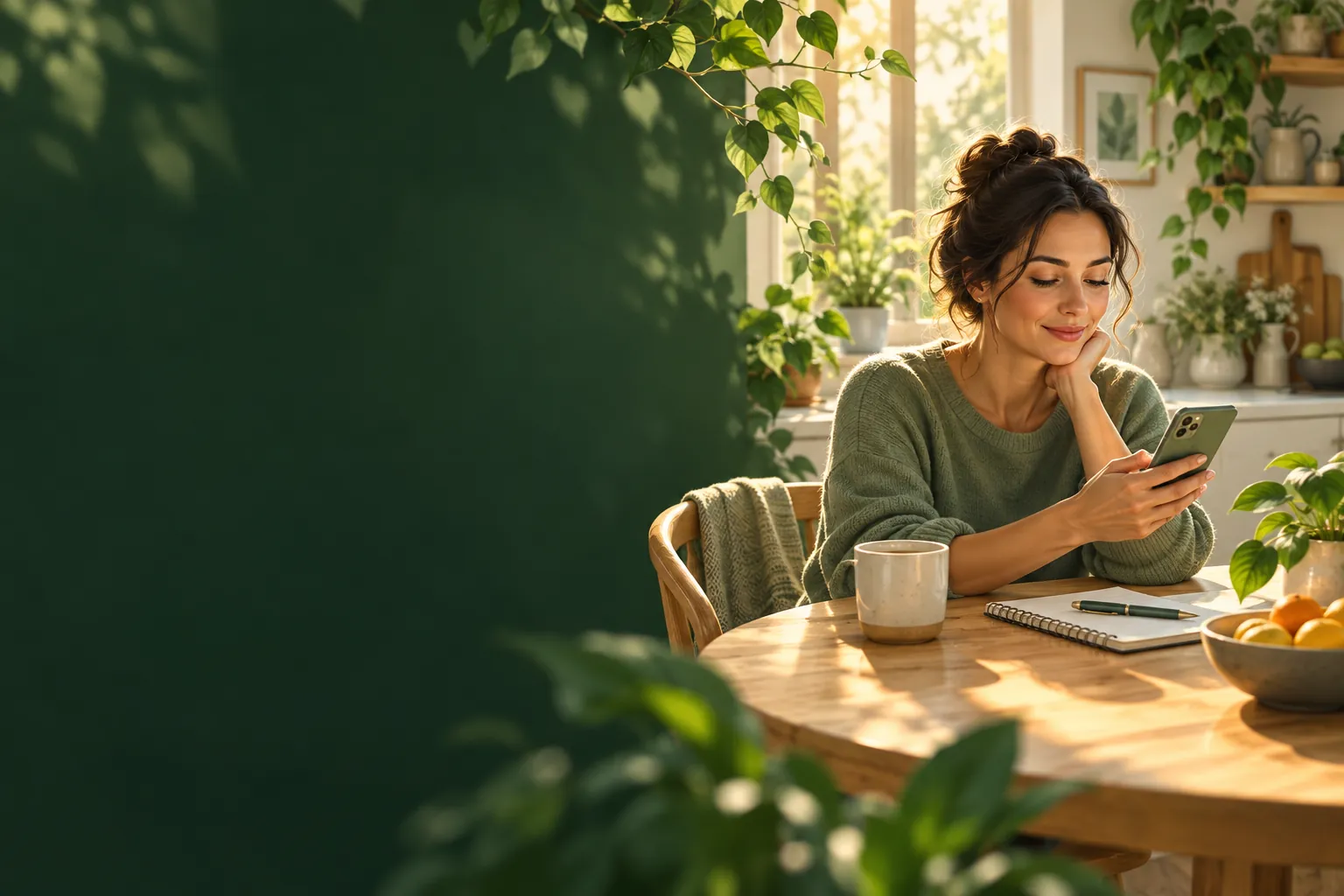 Illustration of a person using a phone at a sunny table.