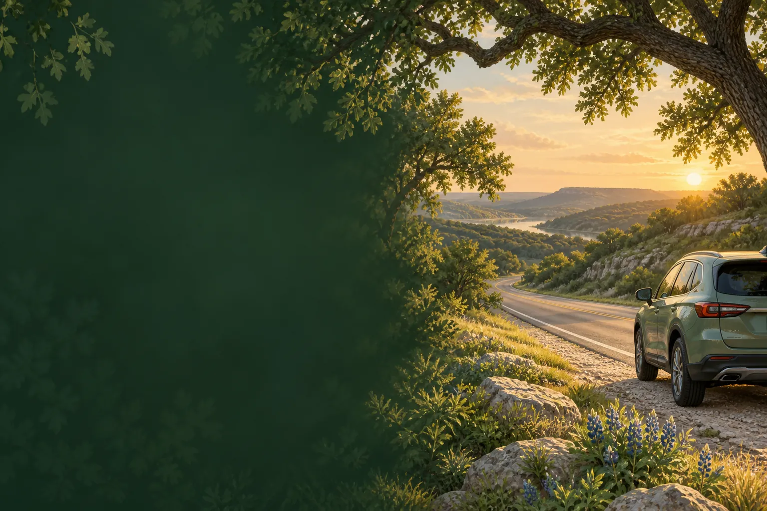 Illustration of a quiet road and countryside for Texas accident resources.