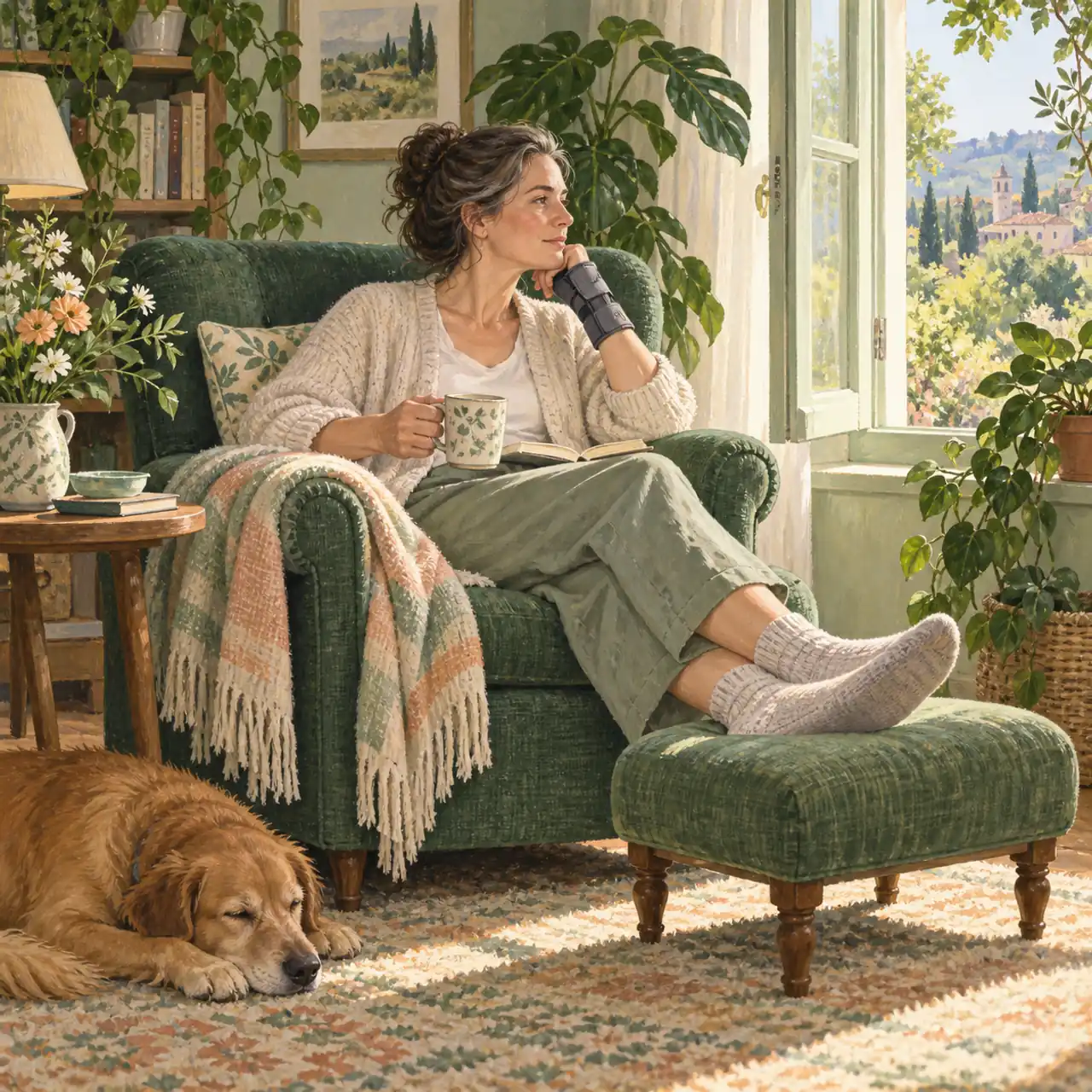 Illustration of a woman with a wrist brace resting at home beside an open window.