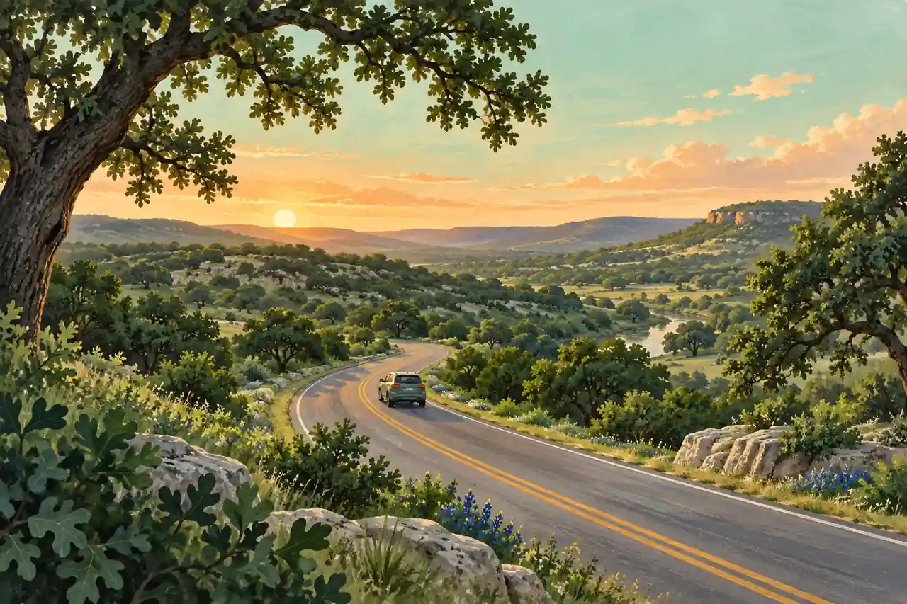 Illustration of a quiet road through green hills at sunset.