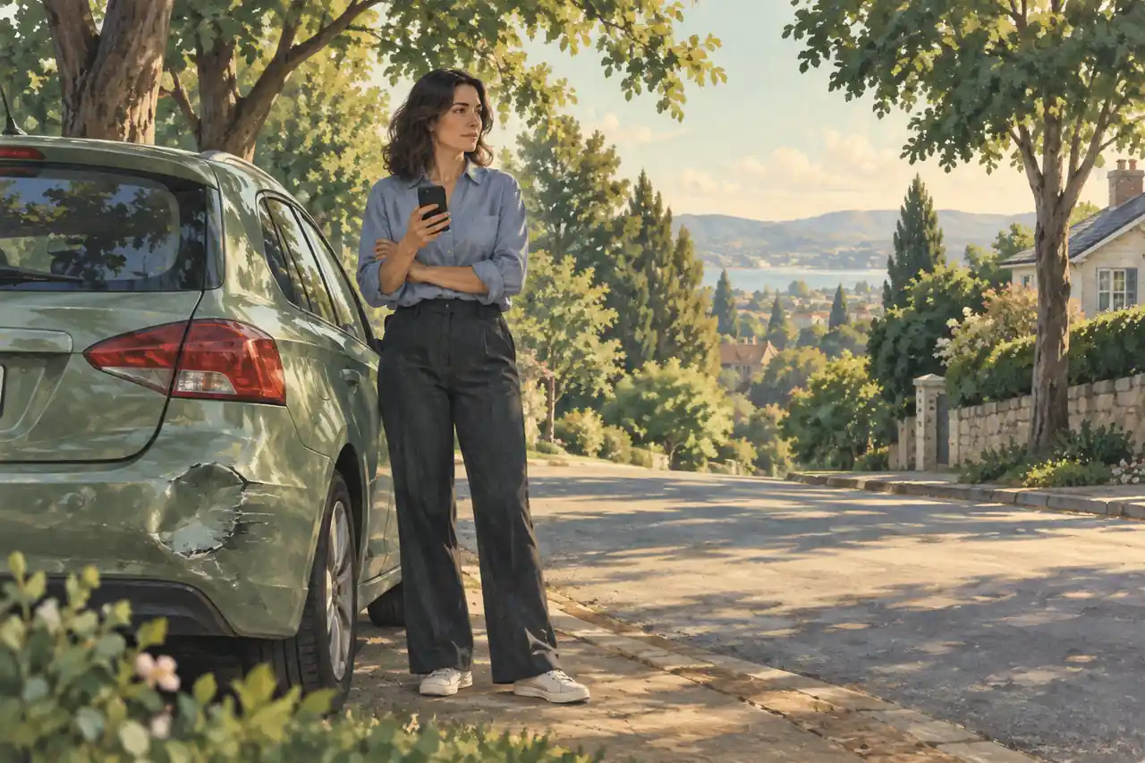 Illustration of a woman beside a damaged car, holding her phone.